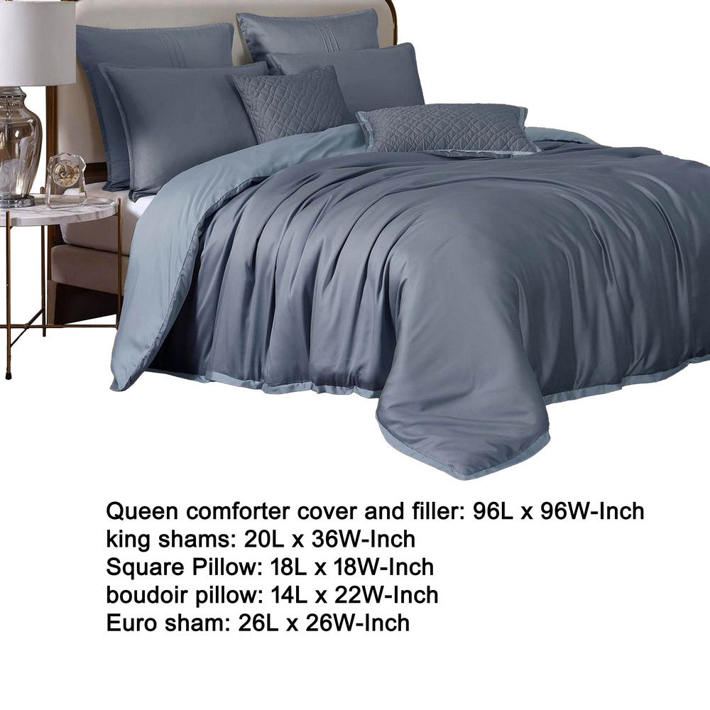 Keo 8pc Queen Comforter Set, Reversible, Shams Smoke Blue Silky Fabric -BM326702