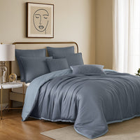 Keo 8pc Queen Comforter Set, Reversible, Shams Smoke Blue Silky Fabric -BM326702