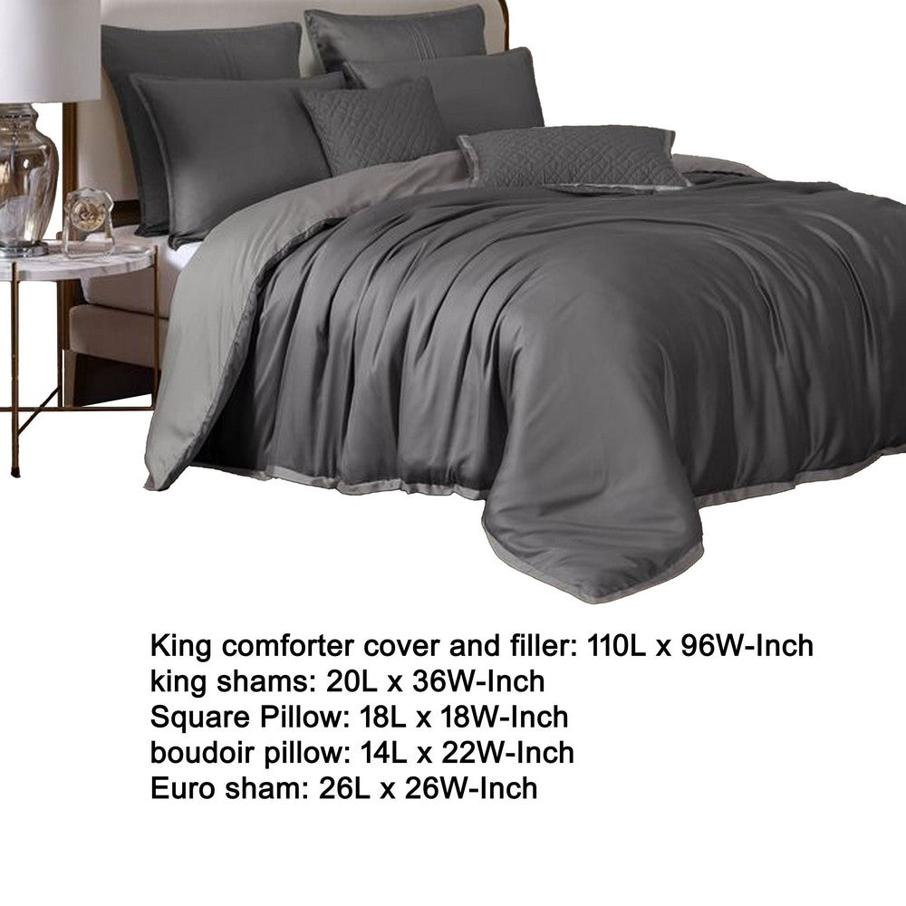 Keo 9pc King Comforter Set, Reversible, Shams, Dark Gray Silky Fabric -BM326703