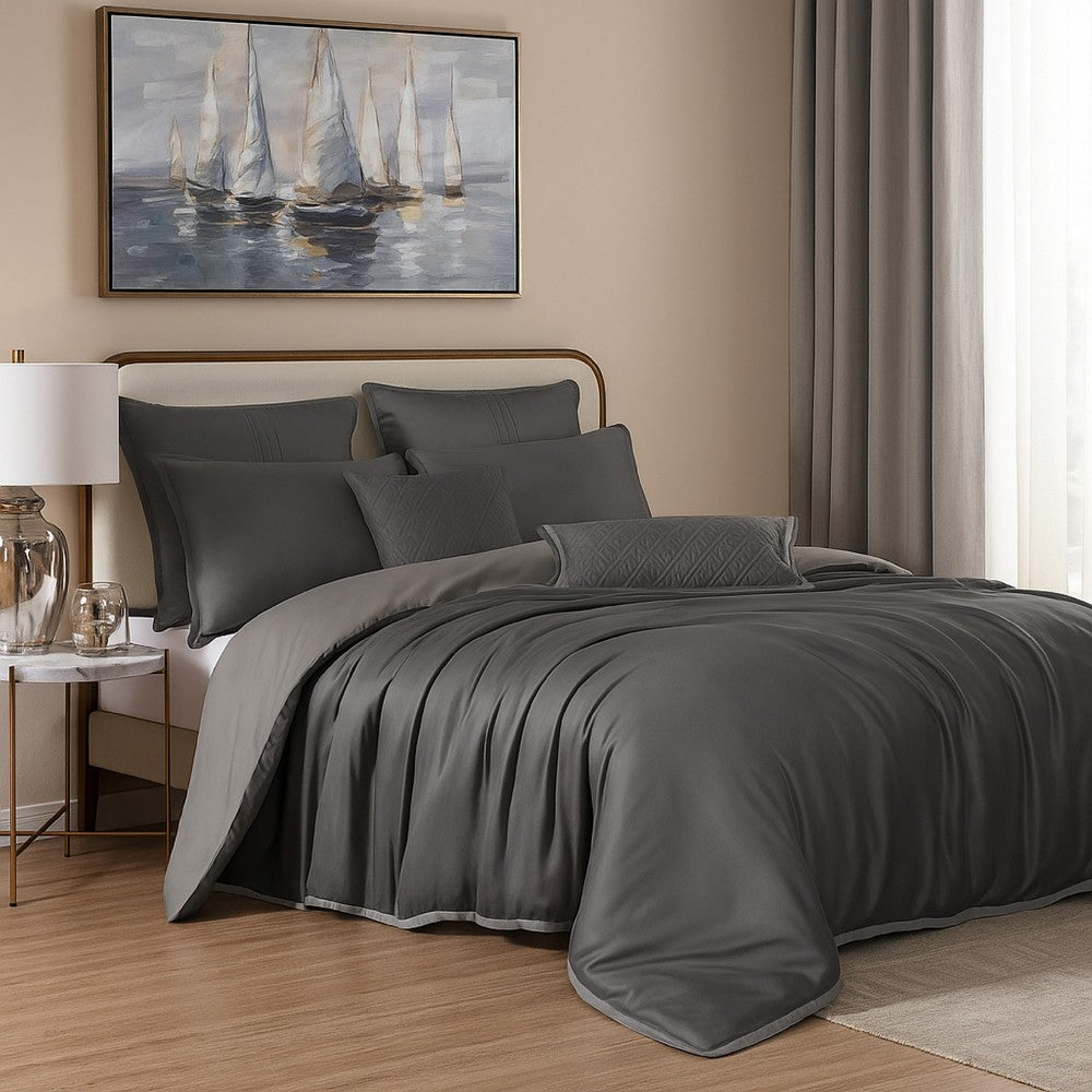 Keo 8pc Queen Comforter Set, Reversible, Shams, Dark Gray Silky Fabric -BM326704