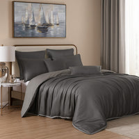 Keo 8pc Queen Comforter Set, Reversible, Shams, Dark Gray Silky Fabric -BM326704
