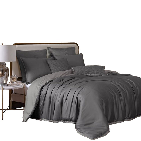 Keo 8pc Queen Comforter Set, Reversible, Shams, Dark Gray Silky Fabric -BM326704