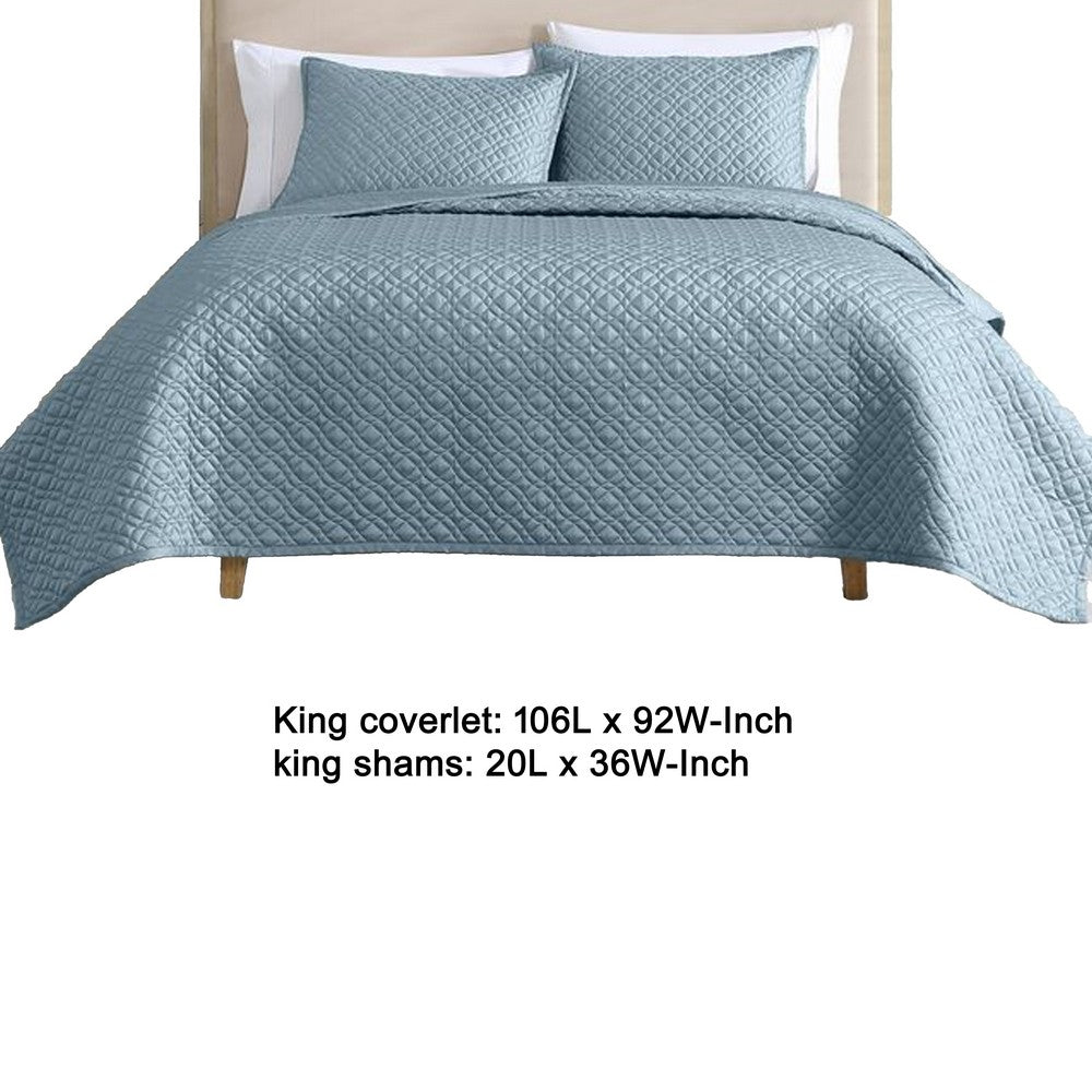 Keo 3pc King Coverlet Set, Reversible, Shams Sky Blue Silky Fabric -BM326707
