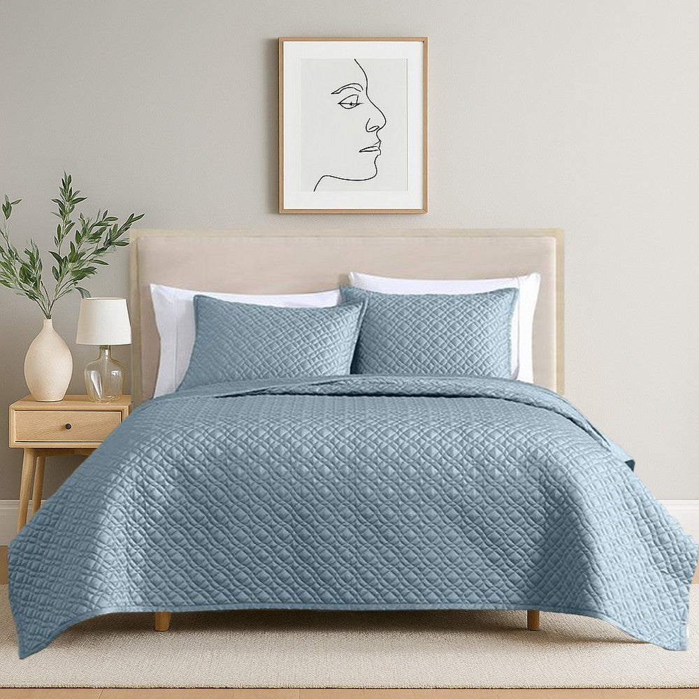 Keo 3pc King Coverlet Set, Reversible, Shams Sky Blue Silky Fabric -BM326707