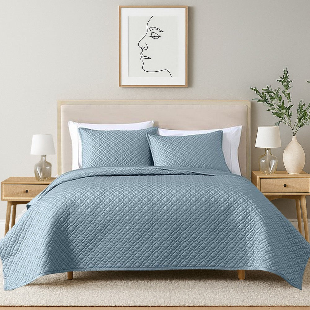 Keo 3pc Queen Coverlet Set, Reversible, Shams, Sky Blue Silky Fabric -BM326708