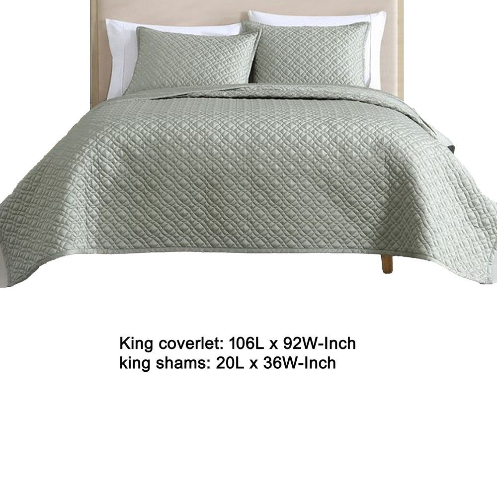 Keo 3pc King Coverlet Set, Reversible, Shams, Sage Gray Silky Fabric -BM326709