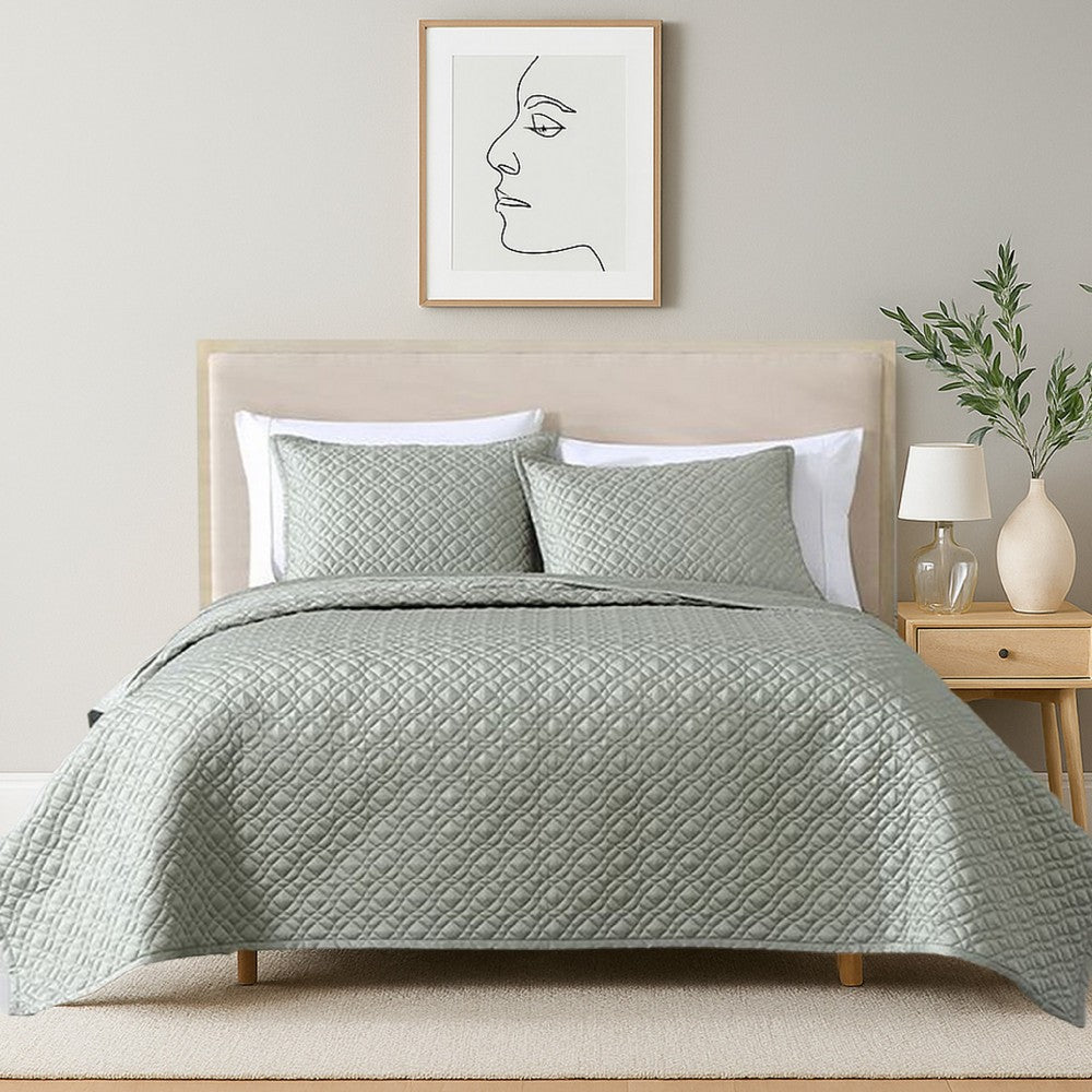 Keo 3pc King Coverlet Set, Reversible, Shams, Sage Gray Silky Fabric -BM326709