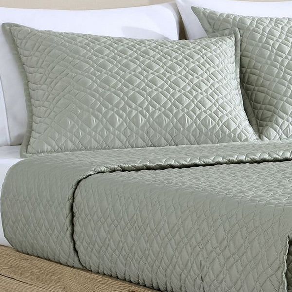 Keo 3pc Queen Coverlet Set, Reversible, Shams, Sage Gray Silky Fabric -BM326710