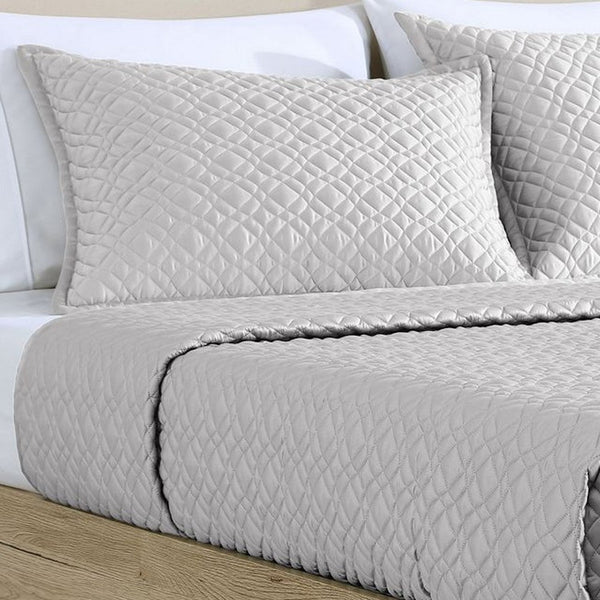 Keo 3pc King Coverlet Set, Reversible, Shams, Silver Silky Fabric -BM326713