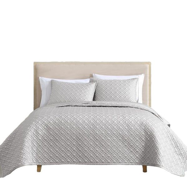 Keo 3pc Queen Coverlet Set, Reversible, Shams, Silver Silky Fabric -BM326714