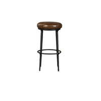 Mey Counter Stool, Brown Leather Round Seat, Black Forged Iron Base -BM326791