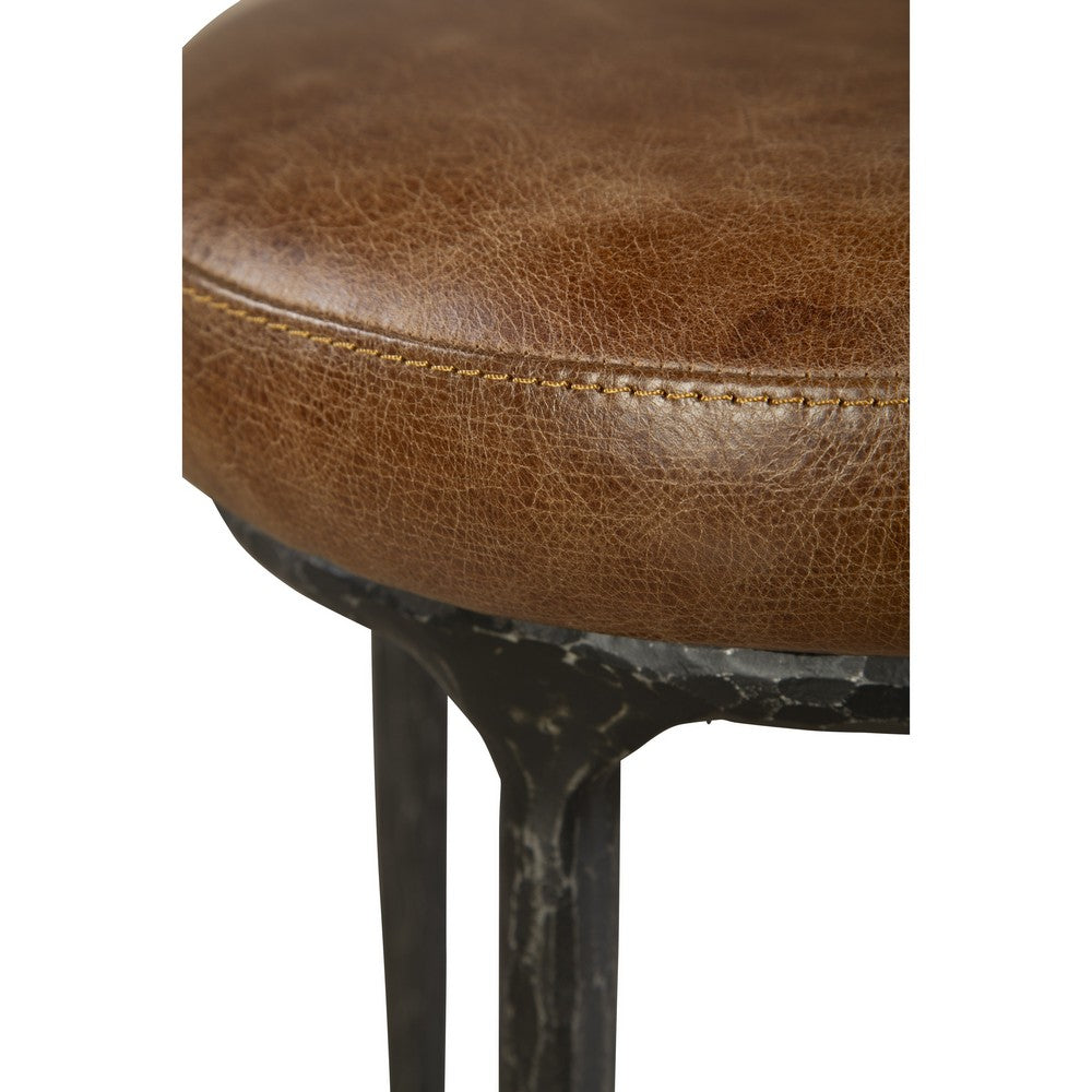 Mey Counter Stool, Brown Leather Round Seat, Black Forged Iron Base -BM326791