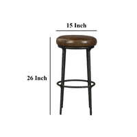 Mey Counter Stool, Brown Leather Round Seat, Black Forged Iron Base -BM326791