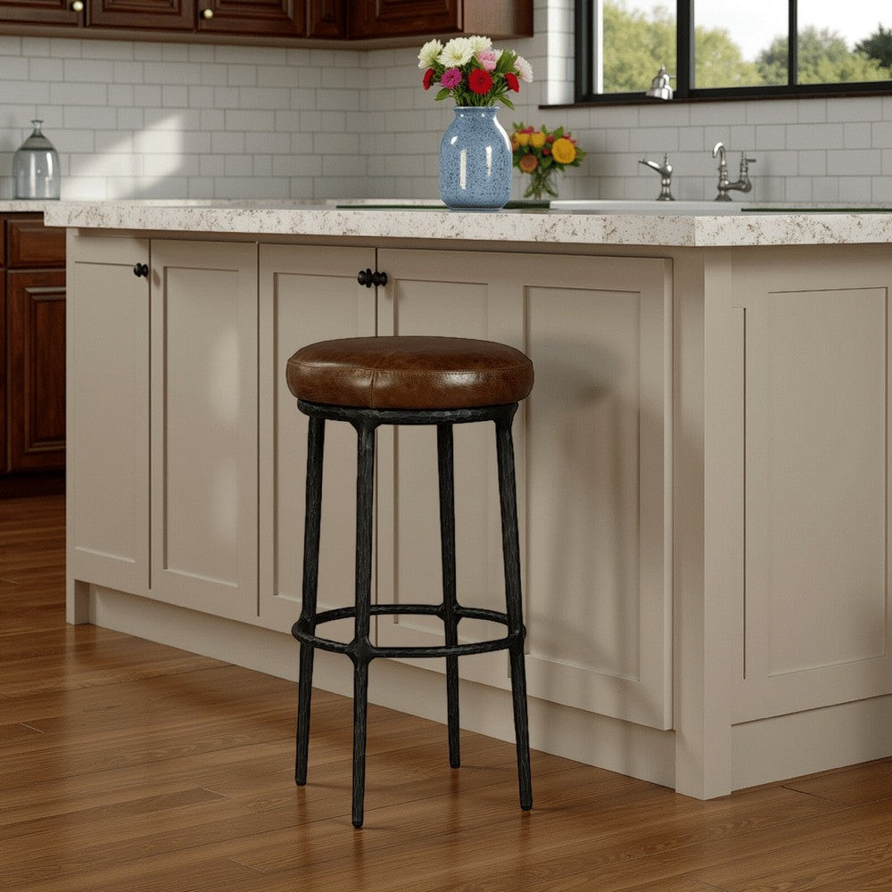 Mey Counter Stool, Brown Leather Round Seat, Black Forged Iron Base -BM326791