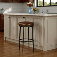 Mey Counter Stool, Brown Leather Round Seat, Black Forged Iron Base -BM326791