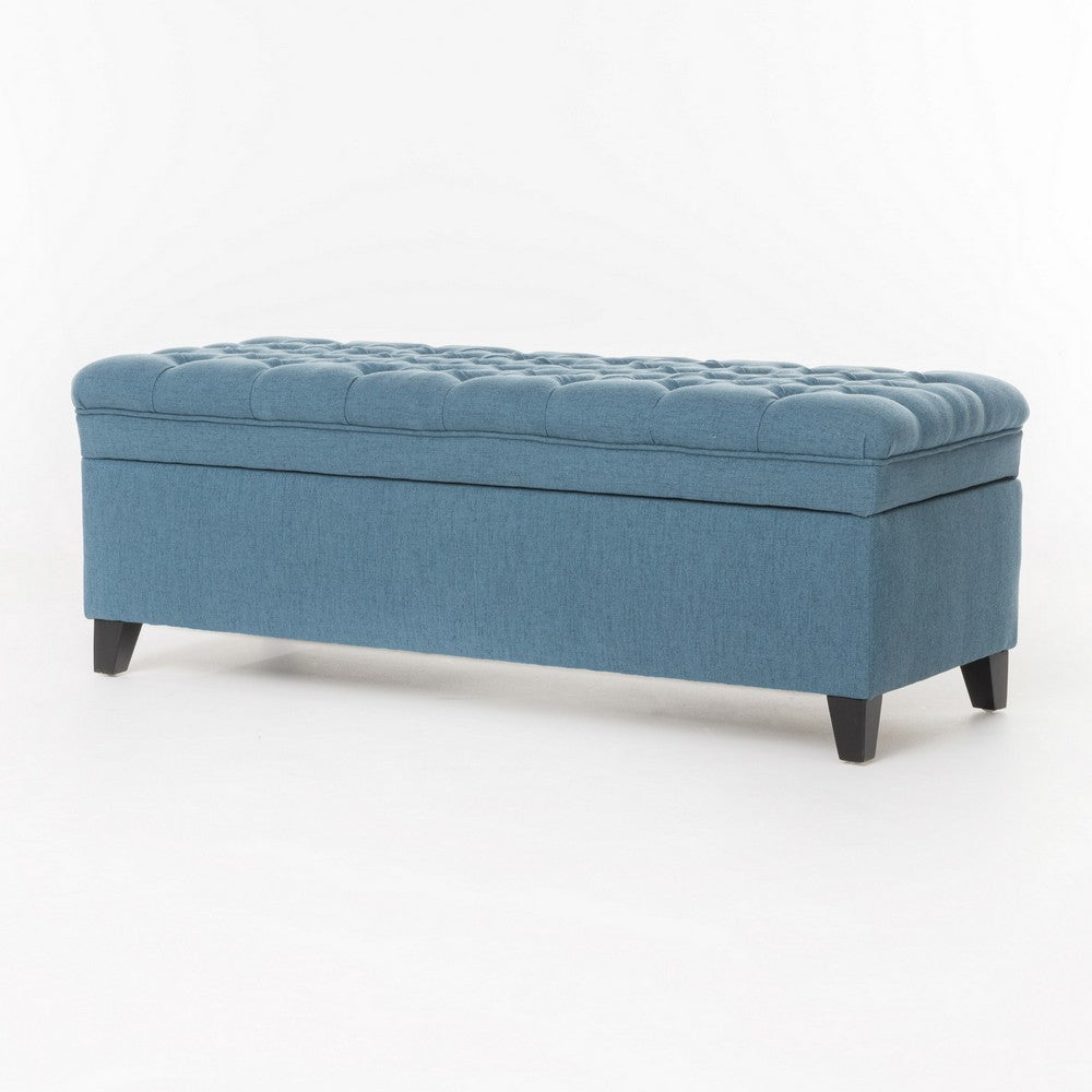 Rhya Storage Ottoman Bench, Soft Blue Fabric, Black Wood, 50 Inch - BM326860
