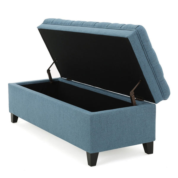 Rhya Storage Ottoman Bench, Soft Blue Fabric, Black Wood, 50 Inch - BM326860