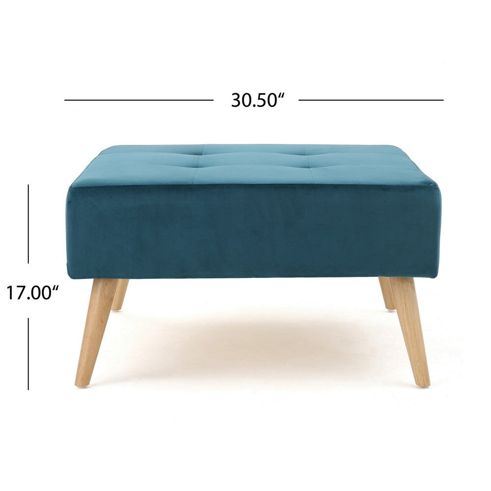 Ottoman, Tufted Teal Velvet, Brown Tapered Wood Legs, Square 31 Inch - BM326863