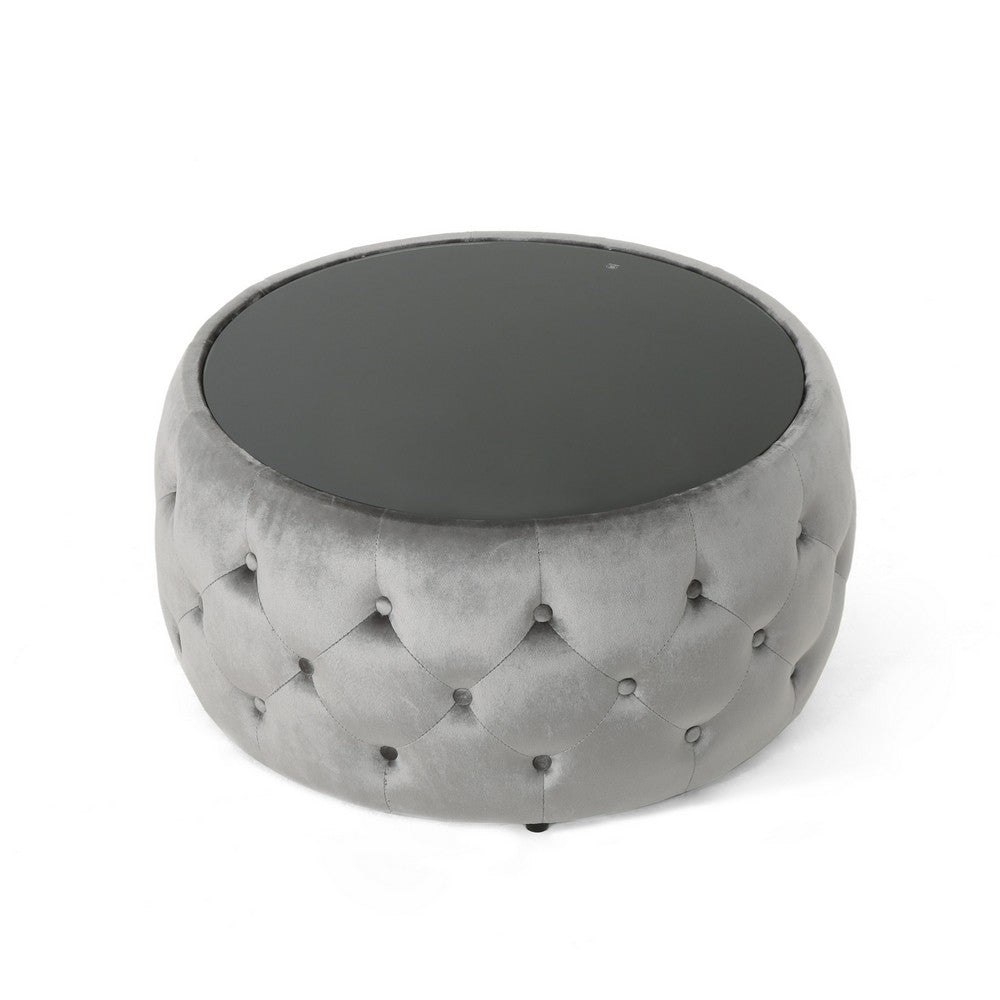 Pirana Ottoman Coffee Table, Gray Tuft Velvet, 30 Inch Tempered Glass - BM326866
