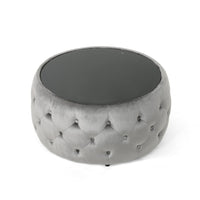 Pirana Ottoman Coffee Table, Gray Tuft Velvet, 30 Inch Tempered Glass - BM326866