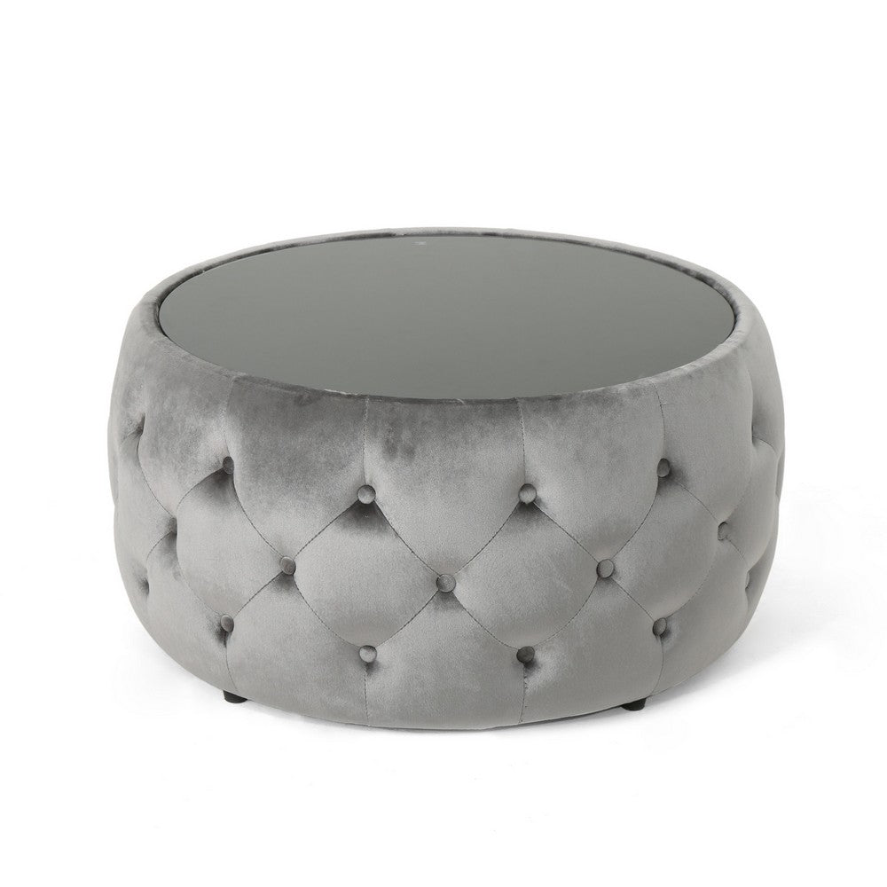 Pirana Ottoman Coffee Table, Gray Tuft Velvet, 30 Inch Tempered Glass - BM326866