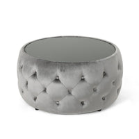 Pirana Ottoman Coffee Table, Gray Tuft Velvet, 30 Inch Tempered Glass - BM326866
