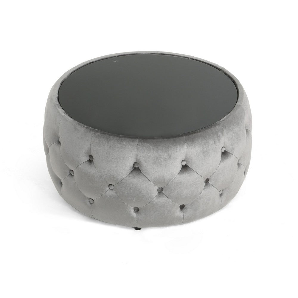 Pirana Ottoman Coffee Table, Gray Tuft Velvet, 30 Inch Tempered Glass - BM326866