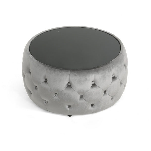 Pirana Ottoman Coffee Table, Gray Tuft Velvet, 30 Inch Tempered Glass - BM326866