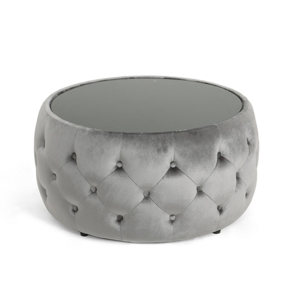 Pirana Ottoman Coffee Table, Gray Tuft Velvet, 30 Inch Tempered Glass - BM326866