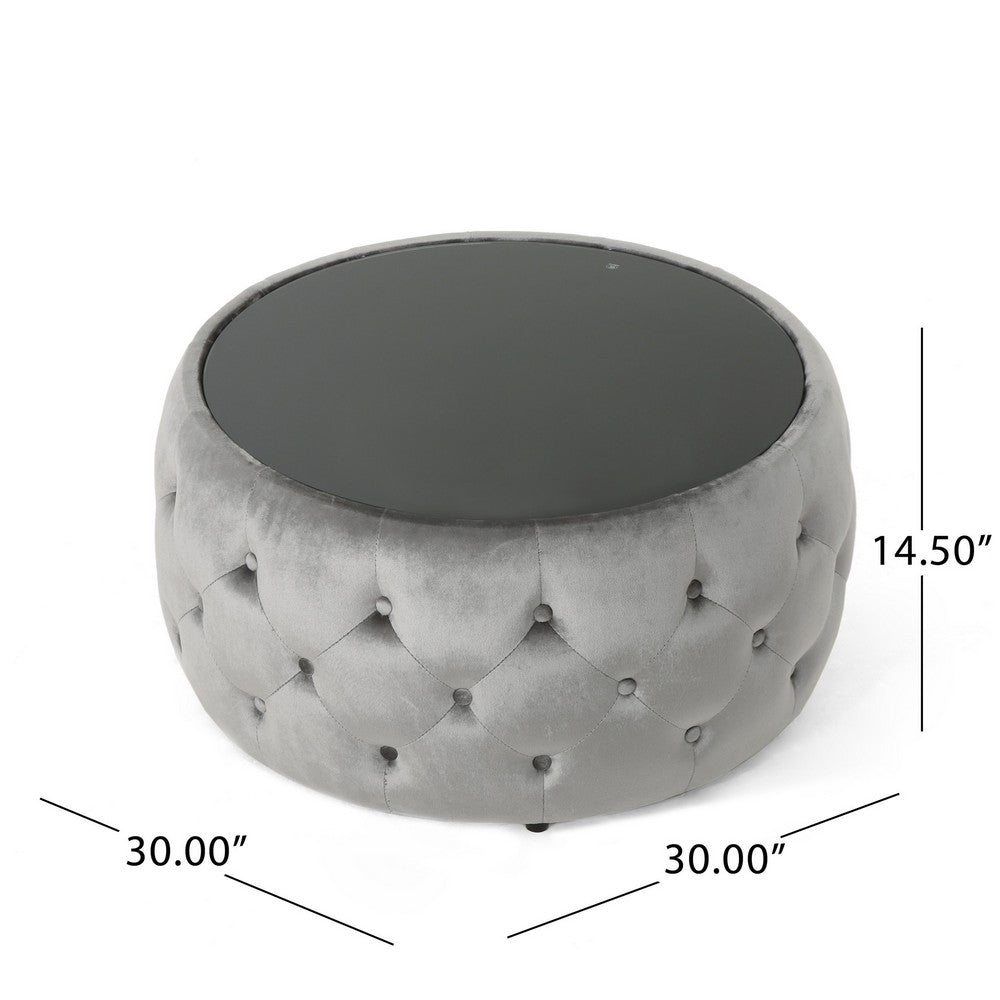 Pirana Ottoman Coffee Table, Gray Tuft Velvet, 30 Inch Tempered Glass - BM326866