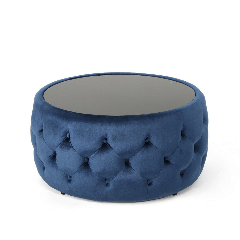 Pirana Ottoman Coffee Table, Blue Tuft Velvet, 30 Inch Tempered Glass - BM326867