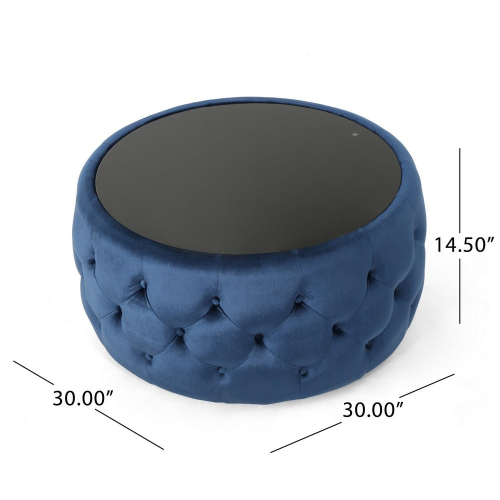 Pirana Ottoman Coffee Table, Blue Tuft Velvet, 30 Inch Tempered Glass - BM326867