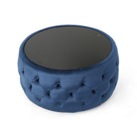Pirana Ottoman Coffee Table, Blue Tuft Velvet, 30 Inch Tempered Glass - BM326867