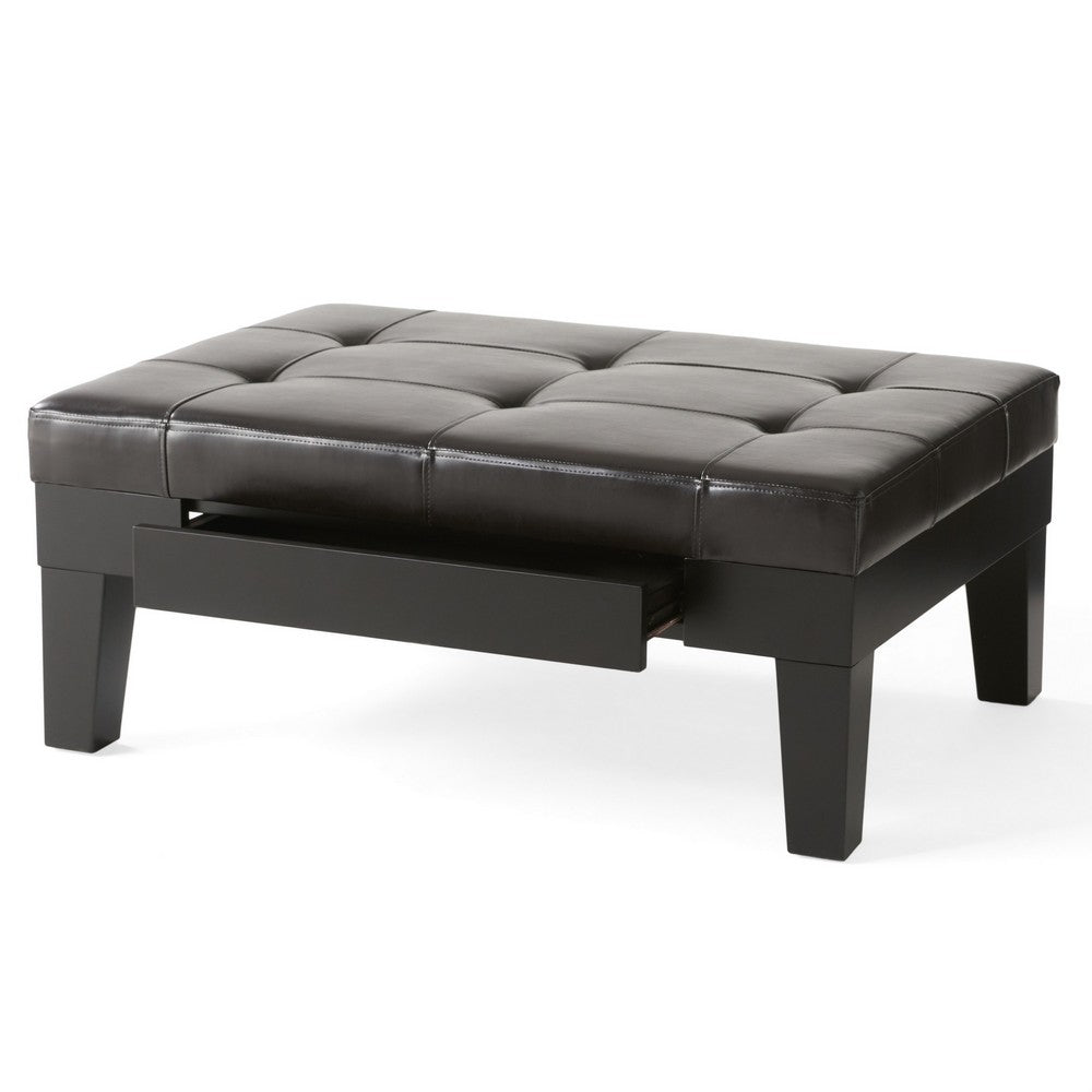Olivia Ottoman Table, Drawer, Black Faux Leather, Coffee Brown 41 Inch - BM326870
