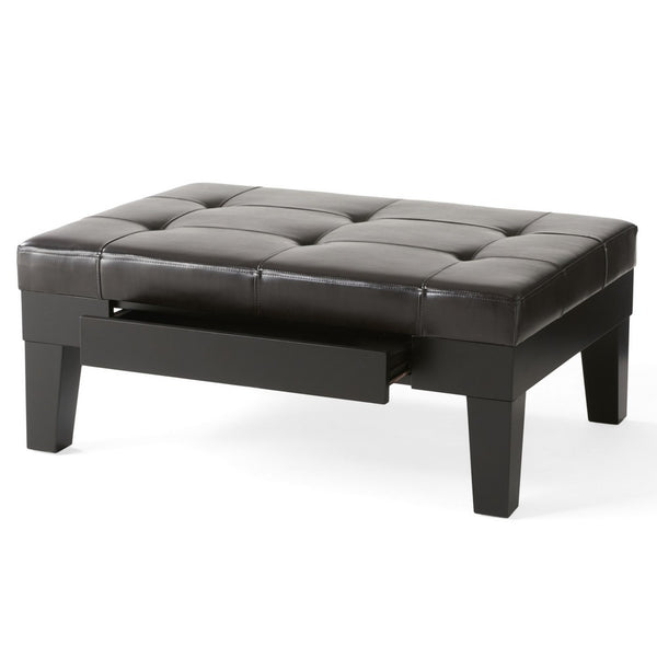 Olivia Ottoman Table, Drawer, Black Faux Leather, Coffee Brown 41 Inch - BM326870