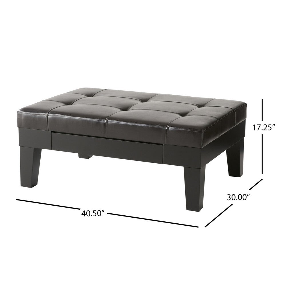 Olivia Ottoman Table, Drawer, Black Faux Leather, Coffee Brown 41 Inch - BM326870