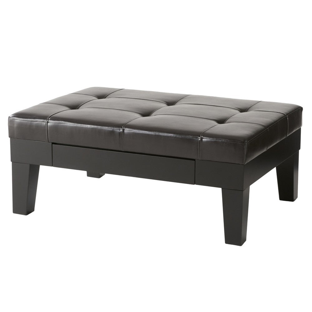 Olivia Ottoman Table, Drawer, Black Faux Leather, Coffee Brown 41 Inch - BM326870