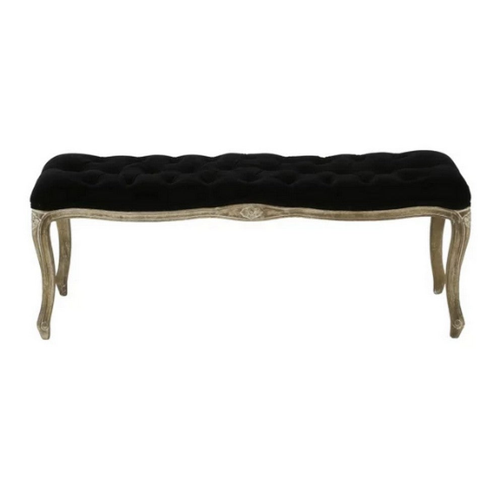 Kopa Bench Footstool, Tufted Black, Brown Wood, Curved Legs, 46 Inch - BM326872