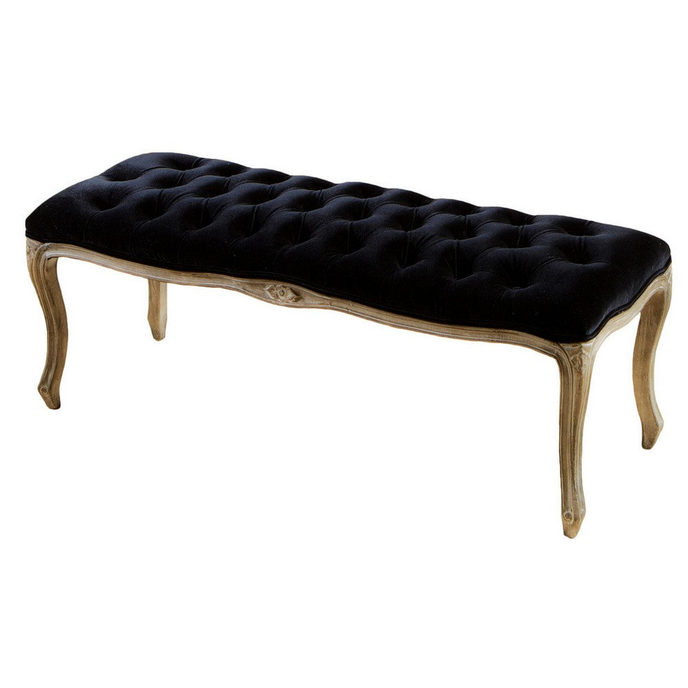 Kopa Bench Footstool, Tufted Black, Brown Wood, Curved Legs, 46 Inch - BM326872