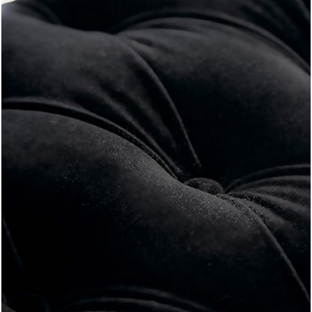 Kopa Bench Footstool, Tufted Black, Brown Wood, Curved Legs, 46 Inch - BM326872
