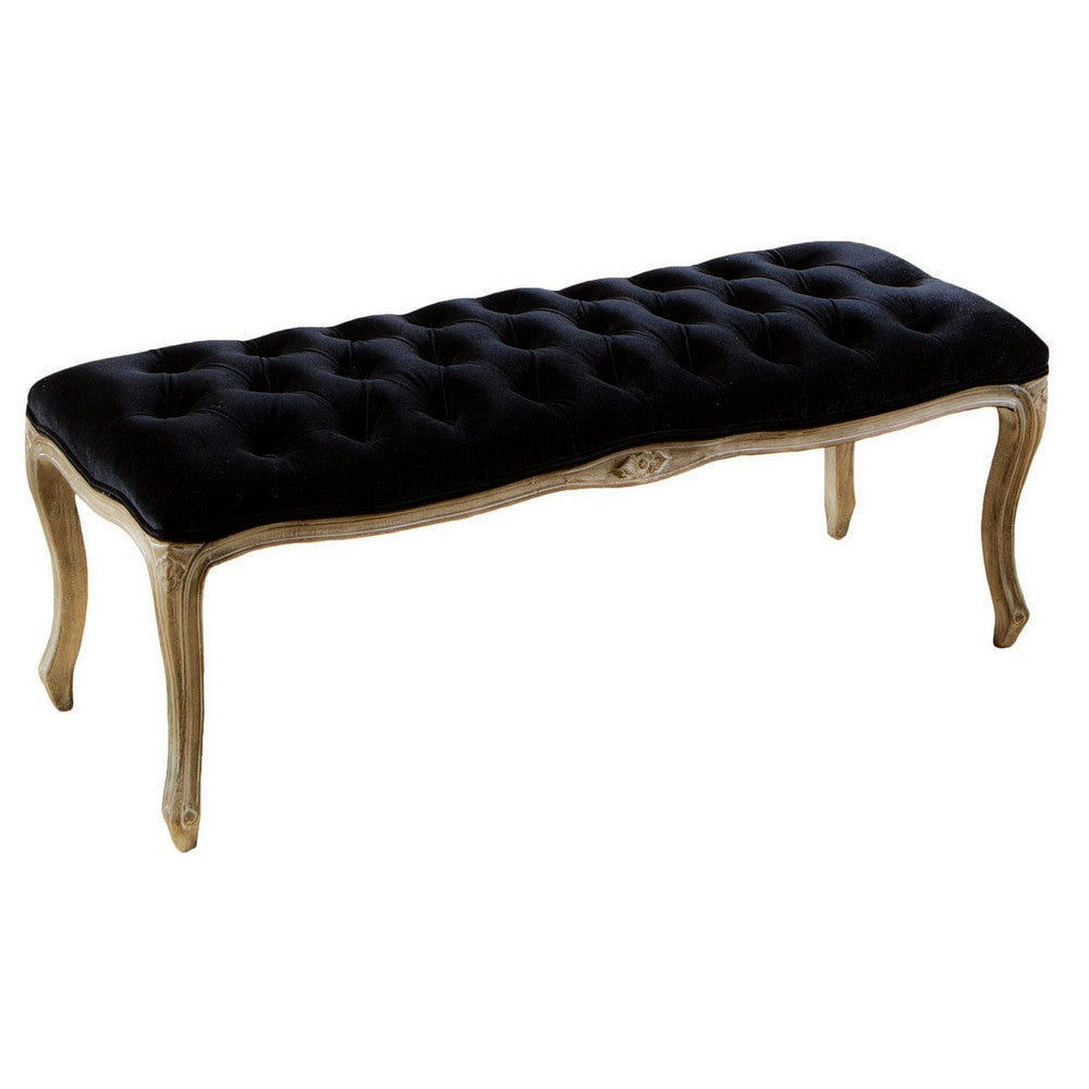 Kopa Bench Footstool, Tufted Black, Brown Wood, Curved Legs, 46 Inch - BM326872
