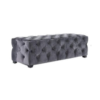 Ottoman Bench, Button Tufted Gray Velvet, Soft Cushions, 51 Inch - BM326876