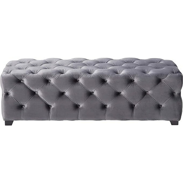 Ottoman Bench, Button Tufted Gray Velvet, Soft Cushions, 51 Inch - BM326876