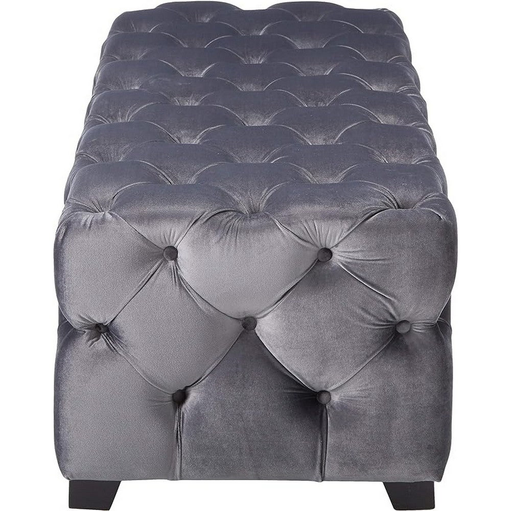 Ottoman Bench, Button Tufted Gray Velvet, Soft Cushions, 51 Inch - BM326876