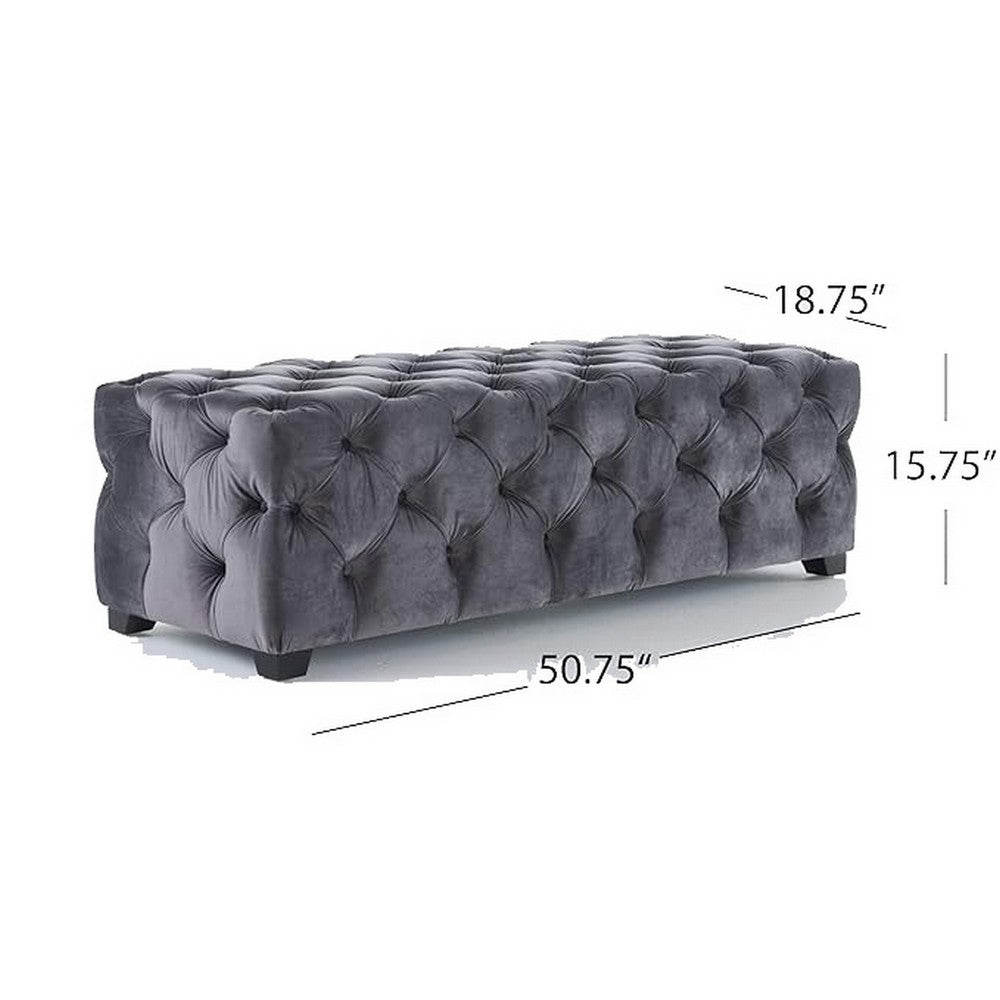 Ottoman Bench, Button Tufted Gray Velvet, Soft Cushions, 51 Inch - BM326876