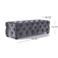 Ottoman Bench, Button Tufted Gray Velvet, Soft Cushions, 51 Inch - BM326876