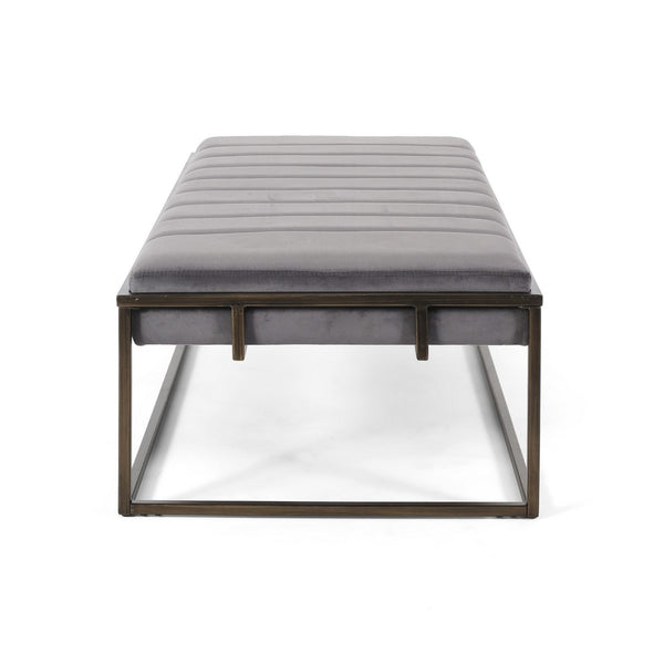Shami Ottoman Bench, Gray Velvet Stitch Tufting, Gold Iron, 49 Inch - BM326882