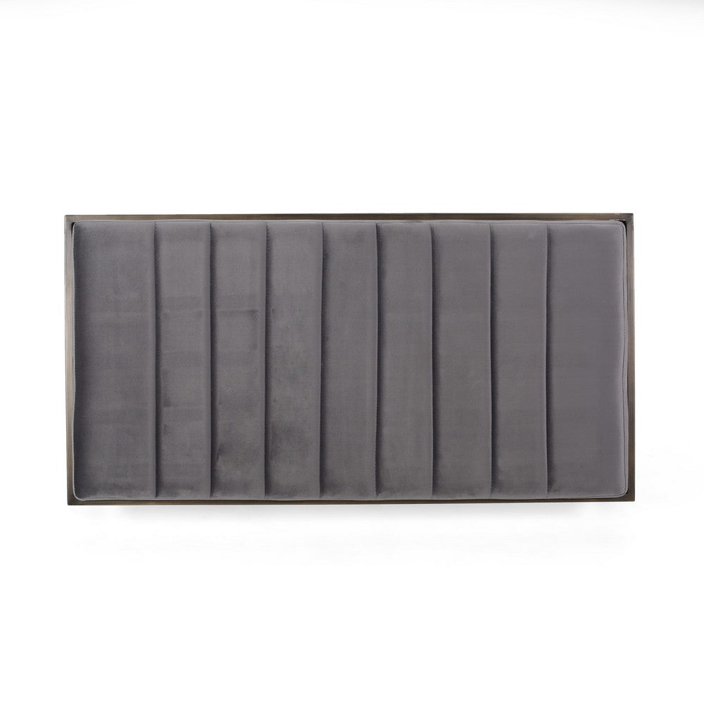 Shami Ottoman Bench, Gray Velvet Stitch Tufting, Gold Iron, 49 Inch - BM326882