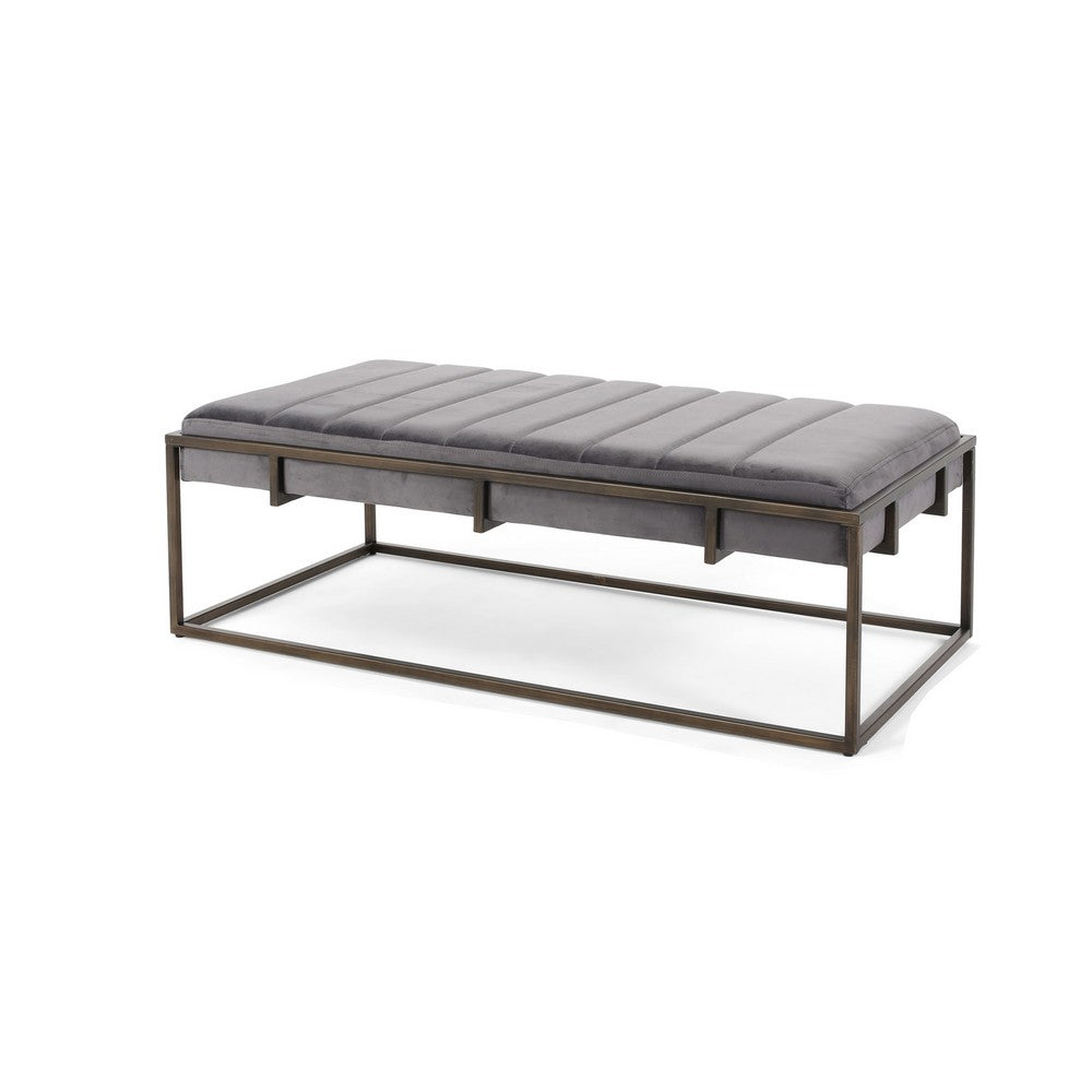 Shami Ottoman Bench, Gray Velvet Stitch Tufting, Gold Iron, 49 Inch - BM326882