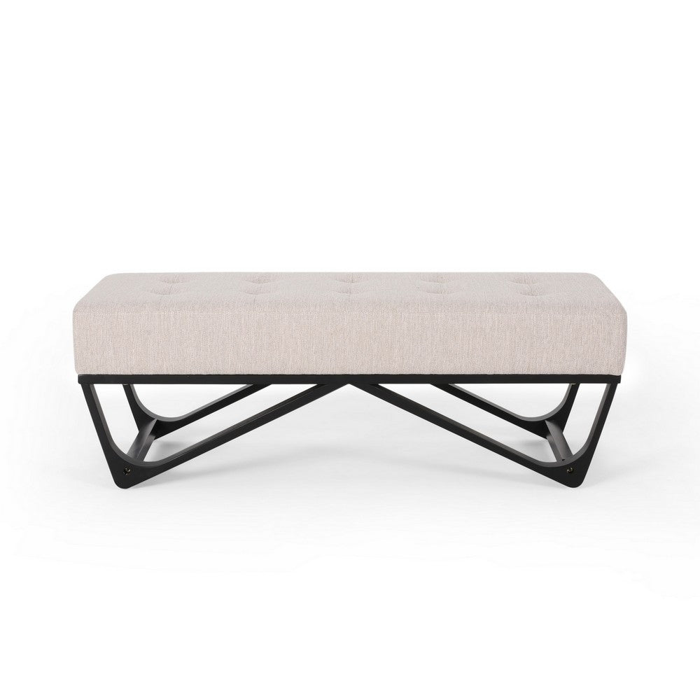 Liba Ottoman Bench, Button Tufted Beige Fabric, Black Frame, 47 Inch - BM326883